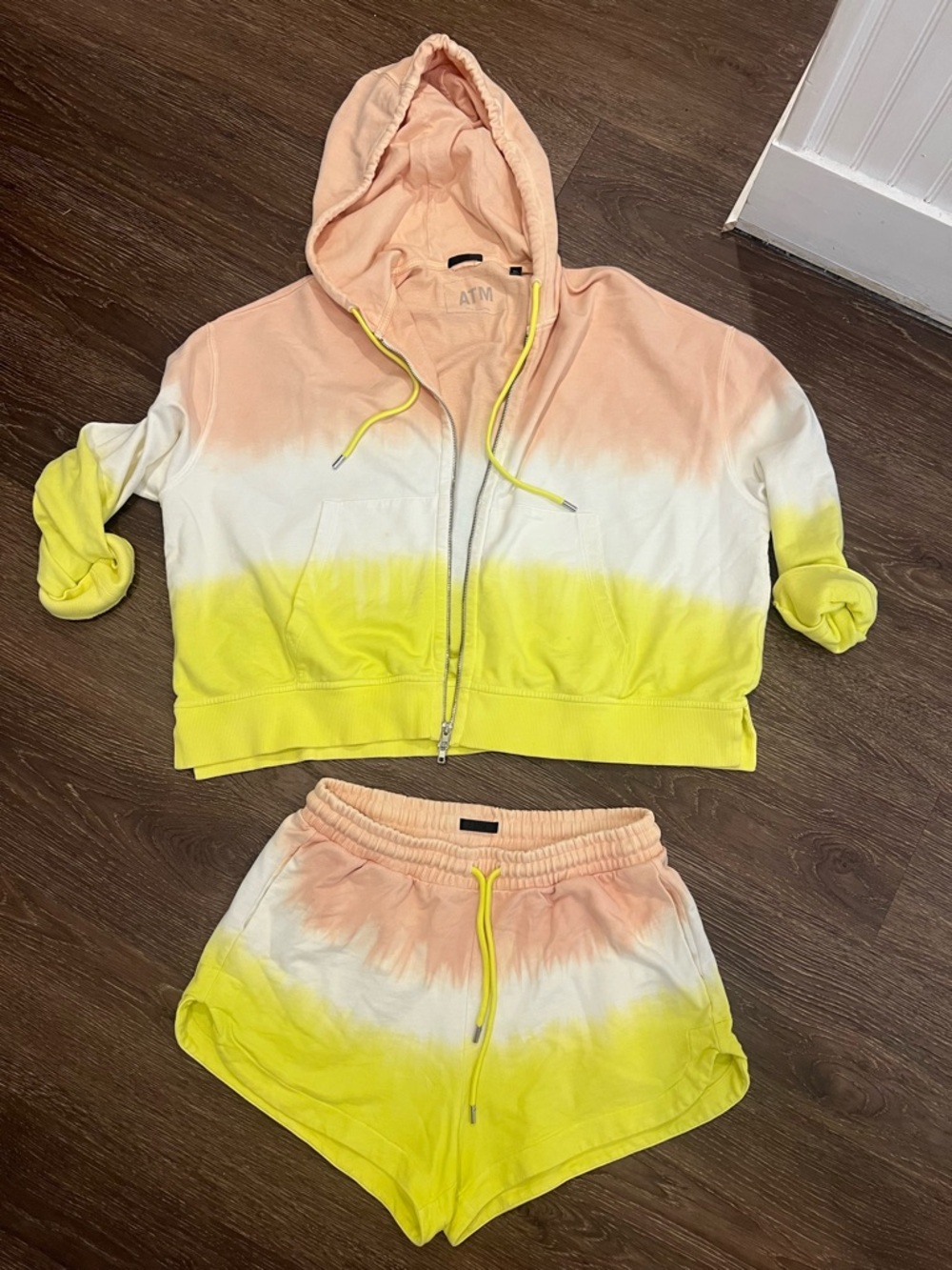 ATM Anthony Thomas Melillo Peach Tie-Dye Hoodie with Neon Yellow Drawstring